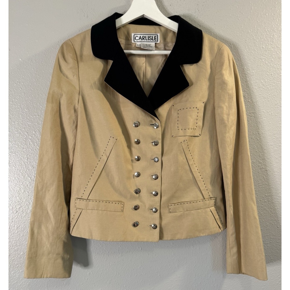 NWT Carlisle Y2K Old Money Linen Blazer Tan Black Double Breasted Equestrian 8